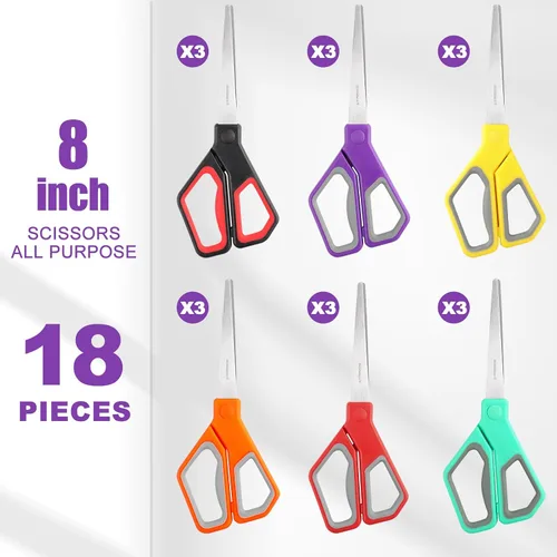 Vista 9 de BURVAGY Paquete de 18 tijeras de 8 pulgadas para todo uso, tijeras resistentes con cuchillas ultra afiladas, mangos de agarre cómodo - para oficina
