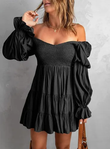 Vista 7 de Dokotoo Vestidos de primavera y verano 2025 para mujer, elegantes, con hombros descubiertos, cuello en V, manga larga, con volantes, mini vestidos