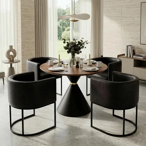 Vista 38 de HNY Silla de comedor moderna de mediados de siglo tapizada en forma de barril, negra, con brazos, silla de cocina y comedor de cuero, silla auxiliar