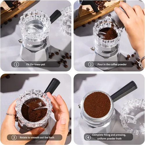 Vista 5 de Bincoo Moka - Dispensador de ollas con 100 piezas de papel de filtro, relleno de polvo giratorio, taza receptora de polvo, embudo, accesorios