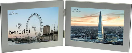 Vista 8 de benerini Marco de fotos plegable doble de aluminio cepillado de color plateado satinado para 2 fotos, incluye 2 fotografías estándar de 6 x 4