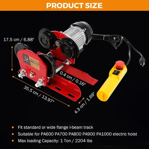 Vista 5 de BEAMNOVA Carretilla eléctrica de 1 tonelada 2204 libras para polipasto eléctrico, ajuste de 2.68-4.33 pulgadas I-Beam, para PA600 PA700 PA800 PA900