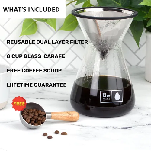 Vista 2 de Barista Warrior Cafetera vertida con jarra de vidrio y gotero reutilizable de acero inoxidable – Kit completo de verter sobre café con cuchara