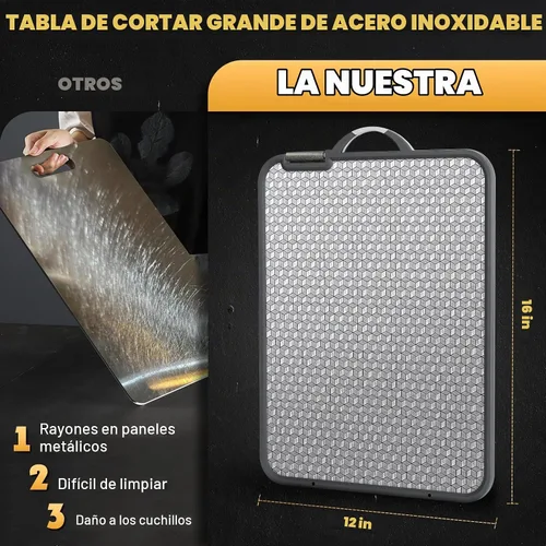 Vista 4 de Tabla de cortar grande de acero inoxidable, tabla de cortar de doble cara de 16 pulgadas para cocina, no tóxica, diseño de malla resistente a