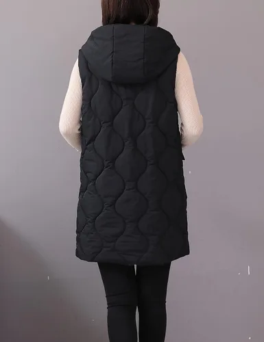 Vista 4 de HangNiFang Chaleco largo de invierno para mujer, con cremallera, acolchado, chaleco