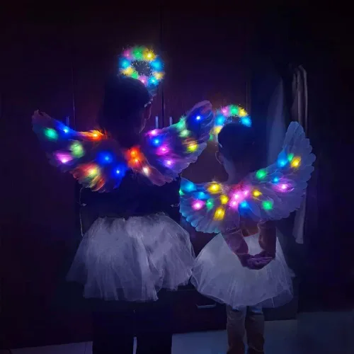 Vista 6 de Alas de ángel alas de ángel iluminadas y halo con luces LED disfraz de alas de ángel blancas para adultos mujeres niños Halloween Navidad