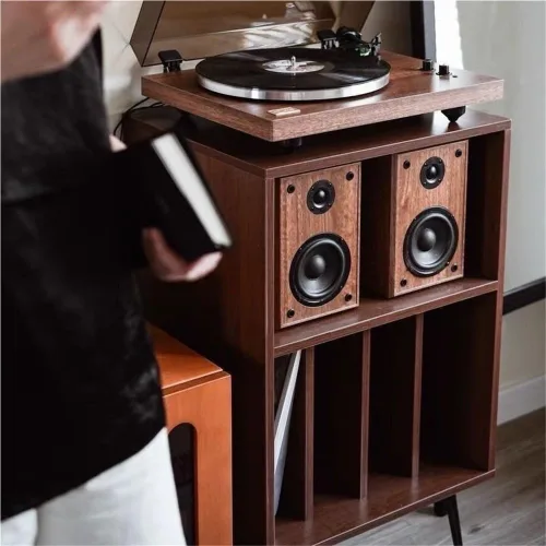 Vista 7 de Soporte para tocadiscos de madera, mesa de tocadiscos de gran capacidad, gabinete de almacenamiento abierto para medios, adecuado para sala