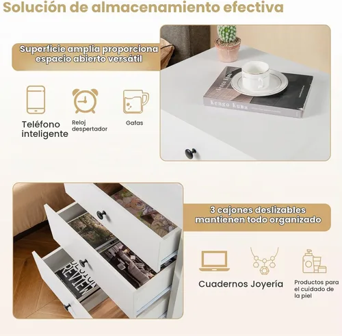 Vista 6 de KOMFOTT Mesita de noche con 3 cajones, mesita de noche de madera, moderna mesa auxiliar para sofá, mesa de teléfono que ahorra espacio, cómoda