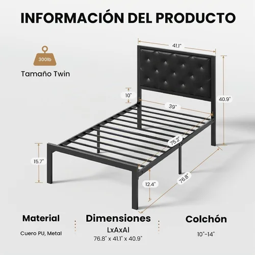 Vista 2 de SHA CERLIN Base de cama de plataforma tamaño individual con estructura de metal, cabecero tapizado de cuero PU con botones, base de colchón con 31.5