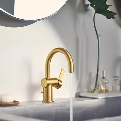 Vista 2 de Moen Cia 6221BG - Grifo de lavabo de baño con una sola manija con placa incluida, oro cepillado