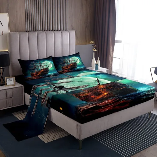 Vista 34 de Erosebridal Juego de sábanas de ballena náutica, tamaño individual, juego de ropa de cama vintage azul con ondas oceánicas para niños y niñas
