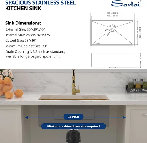 Vista 6 de Sarlai Fregadero de cocina empotrado de 30 pulgadas dorado - Fregadero de cocina de 76,2 cm x 45,7 cm con repisa para estación de trabajo de acero