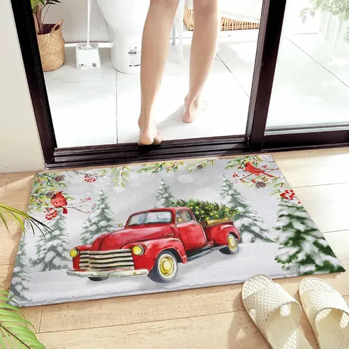 Vista 7 de Alfombra de baño esponjosa para camión rojo, cardenal de Navidad, antideslizante, alfombra suave para piso, árbol de Navidad, conos de pino, nieve