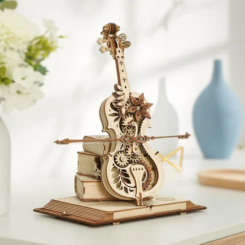 Vista 6 de ROKR Juego de rompecabezas de madera 3D para adultos, globo luminoso, caja de música Orrey y caja de música para violonchelo, regalo único