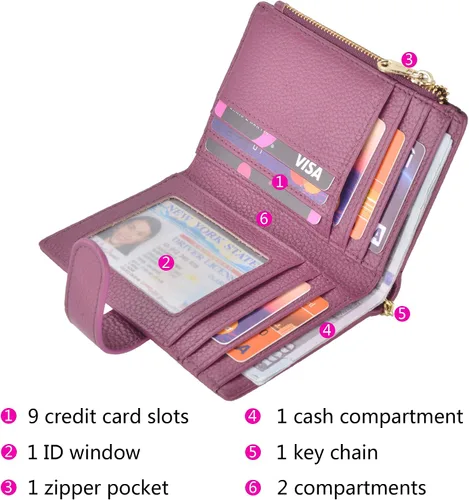 Vista 2 de Billeteras RFID pequeñas compactas y plegables de cuero para mujer, llavero con bolsillo con cremallera