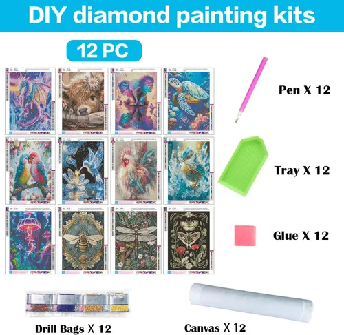 Vista 4 de Meothan - Paquete de 12 kits de arte de diamantes 5D para adultos, de animales, cristales redondos, para regalo o para decoración del hogar de 12 x