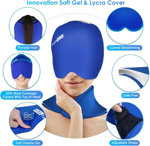 Vista 4 de ComfiTECH Cold Cap and Neck Ice Pack Wrap Gel Combo, paquete de cuidado para cabeza y cuello cervical, azul