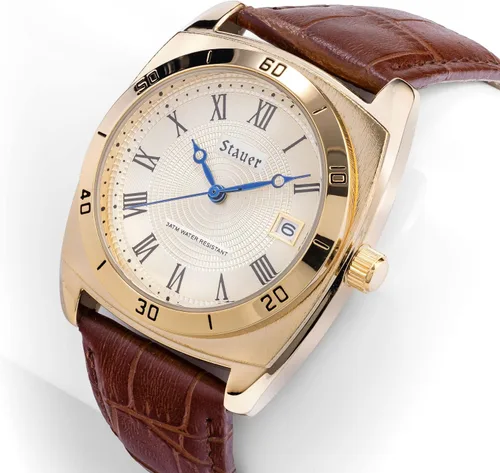 Vista 2 de Stauer Timemaster Reloj Piezo para hombre, reloj analógico con acabado dorado con caja trasera de acero inoxidable, caja de aleación resistente