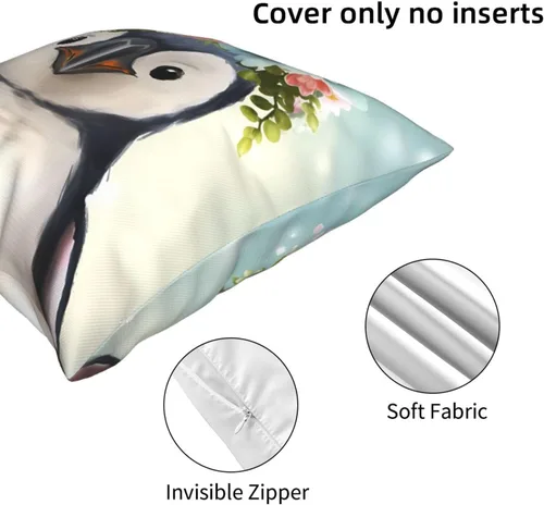 Vista 5 de Funda de cojín cuadrada suave con estampado de pingüinos con estampado de flores, para decoración del hogar, sala de estar, cama, sofá automóvil, 18