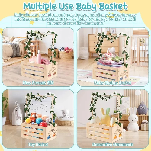 Vista 6 de Jupwalz Armario de madera para baby shower con perchas, letras, divisores, cesta de fácil montaje para niños recién nacidos, regalos de embarazo
