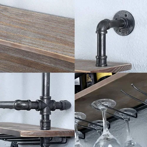 Vista 4 de DNYSYSJ Estante de vino negro de 3 niveles montado en la pared con soporte para vidrio colgante estilo europeo soporte de almacenamiento de vino