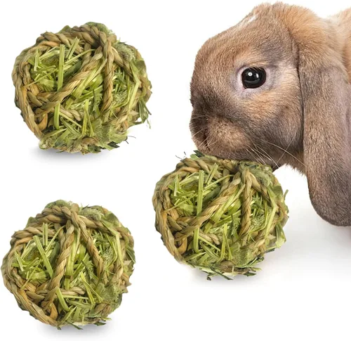 Vista 16 de SunGrow Paquete de 3 bolas masticables de conejo, juguete de dentición de hierba surtida para mascotas de bolsillo pequeñas, soporte de desgaste