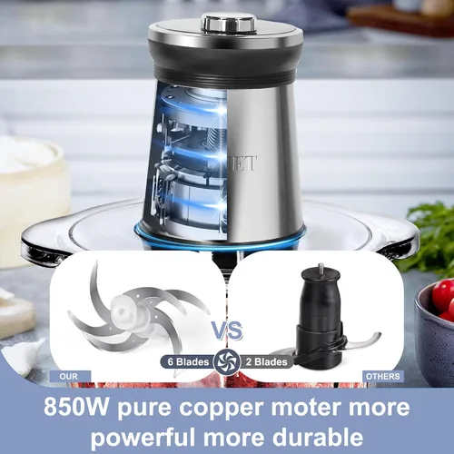 Vista 6 de BUMET Cuenco de vidrio de 16 tazas 850 W procesador eléctrico de alimentos, temporizador LED. Cuchilla de 6 filos de corte de 3 niveles para picar