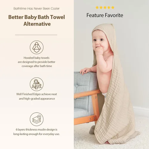 Vista 5 de Unnivoll - Toallas con capucha para bebés recién nacidos - Paquete de 2, 100% algodón muselina, toallas de baño para bebés con capucha, suaves