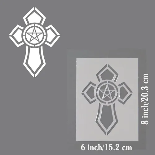 Vista 4 de Cruz gótica con centro de estrella de pentagrama, plantilla reutilizable para manualidades (pequeña 6 x 8 pulgadas