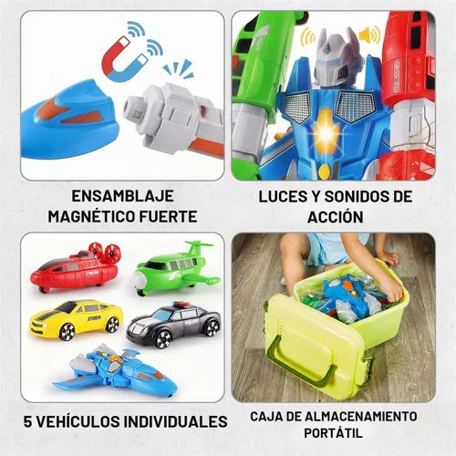 Vista 2 de QUERCITRON - Juego de vehículos magnéticos 5 en 1, juguete que se transforma en robot, kit de figuras de acción de construcción con piezas
