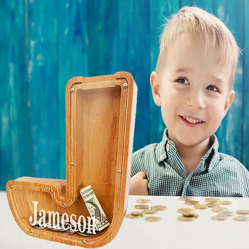 Vista 3 de Alcancia personalizada grande de madera con letras, alcancía para monedas, alcancía personalizada con nombre, puede ser utilizada como regalo de J