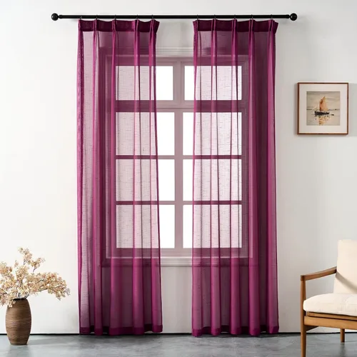 Vista 17 de Cortinas plisadas negras traslúcidas de 84 pulgadas de largo, 2 paneles para dormitorio, lino texturizado, ganchos transparentes para pista