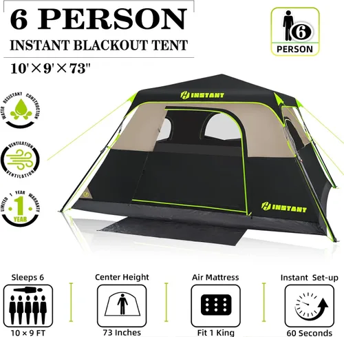 Vista 2 de Instant Tent, 6 Person Blackout Tents for Camping with Top Rainfly