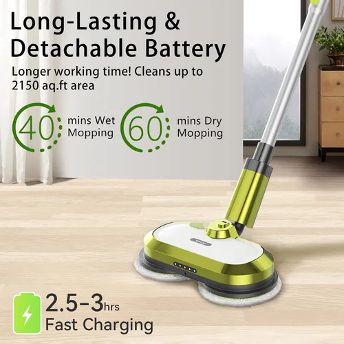 Vista 2 de VMAI Trapeador eléctrico inalámbrico, trapeador eléctrico giratorio con faro LED y rociador de agua, hasta 60 minutos, potente limpiador de suelos