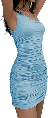 Vista 4 de DREAM SLIM -Vestido sexy de un hombro sin mangas elástico fruncido para club, entallado, de punto acanalado, ajustado, mini vestido