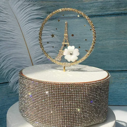 Vista 2 de Decoración de pastel de diamantes de imitación Torre Eiffel Cupcake Topper para boda, cumpleaños, día de San Valentín, decoración de fiesta - dorado