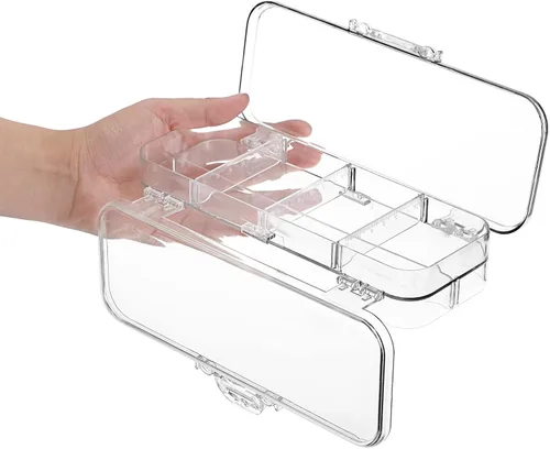 Vista 4 de BTSKY Caja de lápices de doble cubierta, caja de plástico transparente con 4 reglas extraíbles, espaciadores divisores, cajas de utilidad