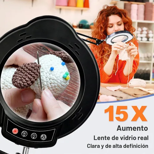 Vista 2 de Lupa de 15X con luz y abrazadera, lámpara de escritorio con lupa iluminada, lámpara LED con luz y abrazadera, 5 modos de color, 10 brillos
