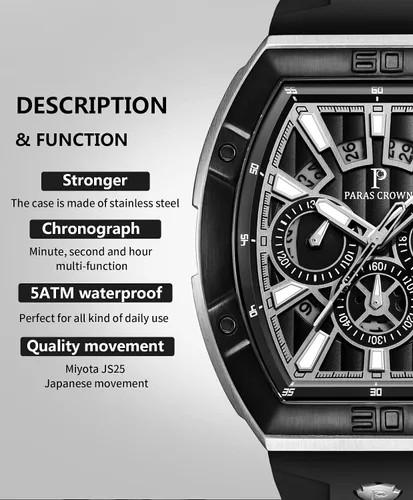 Vista 3 de Paras - Reloj de pulsera para hombre Tonneau impermeable para hombre, cronógrafo de lujo, analógico, con correa de silicona y fecha, Plata, oro