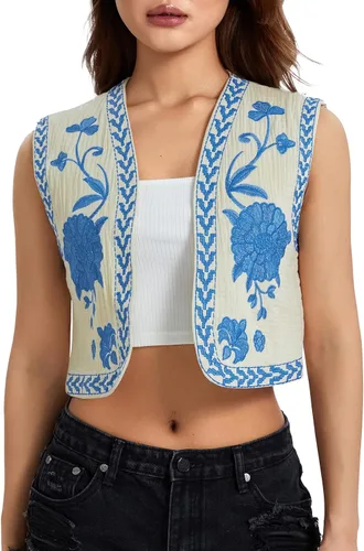 Vista 2 de Top de ganchillo para mujer, chaleco urbano bordado, cuello en V, sin mangas, parte delantera abierta, Y2K