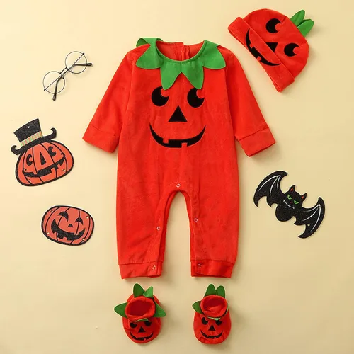 Vista 2 de Mameluco para niños y niñas, diseño de calabaza, Halloween, traje de una pieza