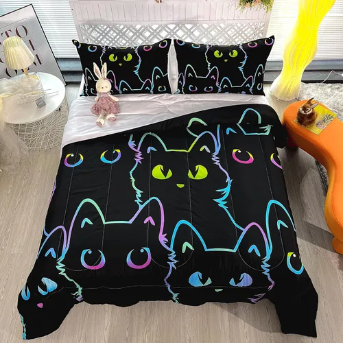 Vista 4 de BailiPromise Juego de edredón Kawaii de 3 piezas tamaño matrimonial, lindo juego de ropa de cama de dibujos animados de gatos, suave, cálido