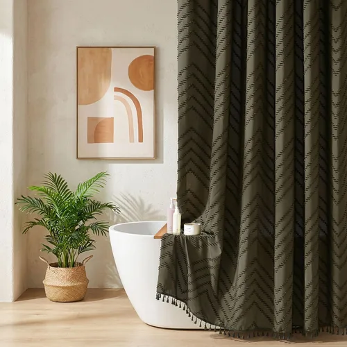 Vista 80 de Cortina de ducha Siiluminisoy de 36x72 beige, cortina de ducha de tela de tamaño pequeño, cortinas de ducha de tela con tufting, diseño chevron a