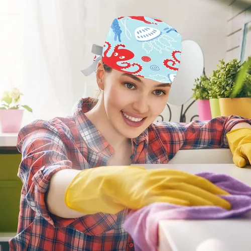 Vista 5 de Paquete de 2 gorras de trabajo con botones, banda para el sudor, gorras quirúrgicas ajustables para mujeres y hombres, pulpo de ballena oceánica