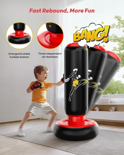 Vista 6 de QPAU Kids Punching Bag Toy with Boxing Gloves, 66 Inch Larger Stable Kids Inflatable Boxing Bag Set, Gifts for Boys & Girls Age 6-12, for Practicing