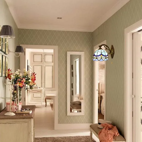 Vista 3 de Kwoking. Lámpara de pared estilo Tiffany vintage con interruptor de cadena - Lámpara de pared frontal de espejo para pasillo, vestíbulo, sala