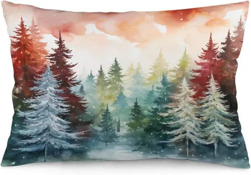 Vista 24 de Protector de almohada de árboles de pino de Navidad rojo y verde de 12 x 20 pulgadas, funda de cojín de vacaciones de invierno, funda de almohada