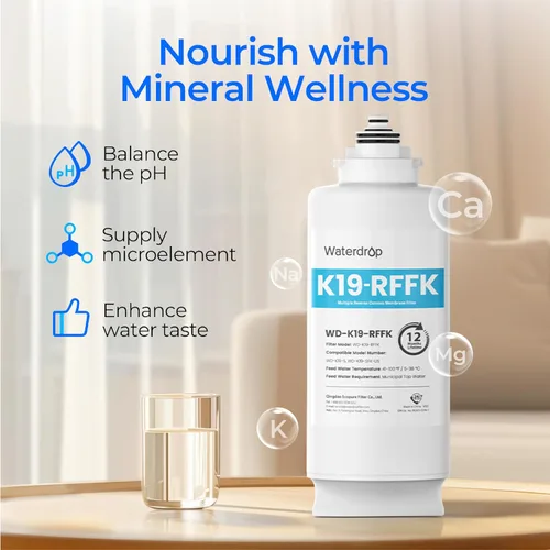 Vista 5 de Waterdrop Filtro K19RFFK, repuesto para sistema K19-SFK, vida útil de 12 Minerales alcalinos agregados, vida útil larga del filtro, reemplazo fácil