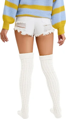 Vista 6 de YELAIVP Calcetines altos hasta el muslo para mujer, por encima de la rodilla, calcetines largos y cálidos, calentadores de piernas