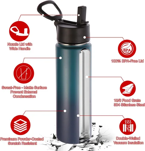 Vista 5 de Volhoply Botellas de agua aisladas con popote a granel, paquete de 4, botellas deportivas de acero inoxidable de 22 onzas con asa, tazas de agua